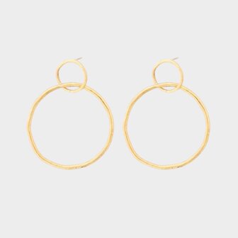 Gouden oorbellen met twee cirkels onder elkaar stainless steel 6 cm