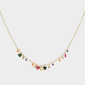 Gouden ketting met hartjes bedels in verschillende kleuren 39 cm verstelbaar