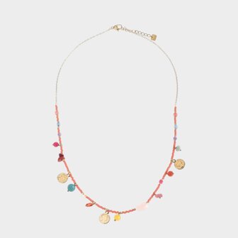 Oranje ketting met glaskralen en bedels in verschillende kleuren 38 cm verstelbaar