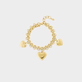 Gouden schakelarmband van stainless steel met drie gouden harten lengte 17 plus 5 cm