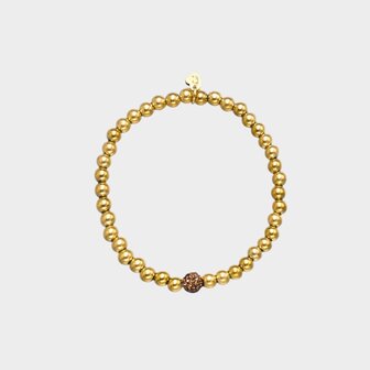 Gouden bolletjesarmband van stainless steel met drie bruine crystalkralen lengte 18 cm