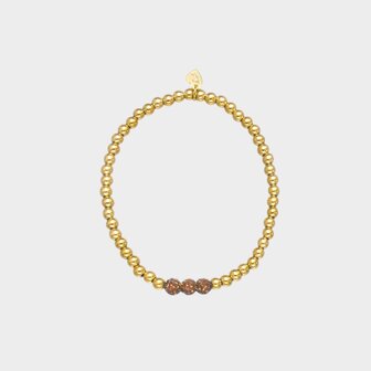 Gouden bolletjesarmband van stainless steel met drie bruine crystalkralen lengte 17,5 cm