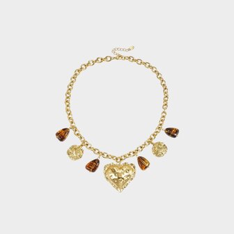Gouden schakelketting van stainless steel met gouden en bruine resin bedels lengte 43 plus 5 cm