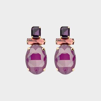 Gouden oorbellen van stainless steel met aubergine en paars crystalglas aan oorstekers lengte 4 cm