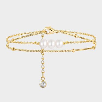 Set van twee gouden armbanden met witte parel en steentje stainless steel