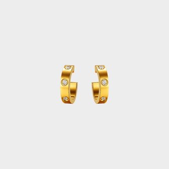 Kleine gouden creool oorbellen met vijf witte zirconia steentjes 1,5 cm
