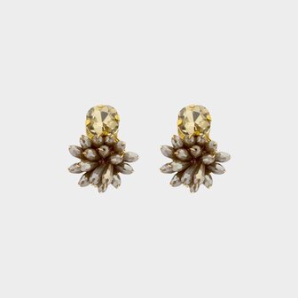 Gouden oorbellen van stainless steel met grijze glaskralen en crystalglas aan oorstekers lengte 2,5 cm