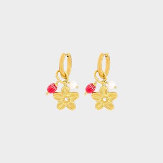 Oorbellen bloem rood parel