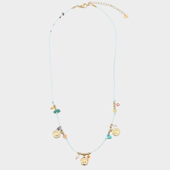 Blauwe ketting met glaskralen en bedels in verschillende kleuren 38 cm verstelbaar