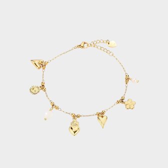 Gouden armband met bedels witte zoetwaterparel en wit schelp hart 17,5 cm verstelbaar