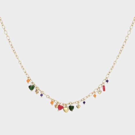 Gouden ketting met hartjes bedels in verschillende kleuren 39 cm verstelbaar