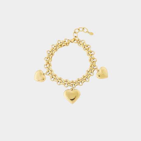 Gouden schakelarmband van stainless steel met drie gouden harten lengte 17 plus 5 cm