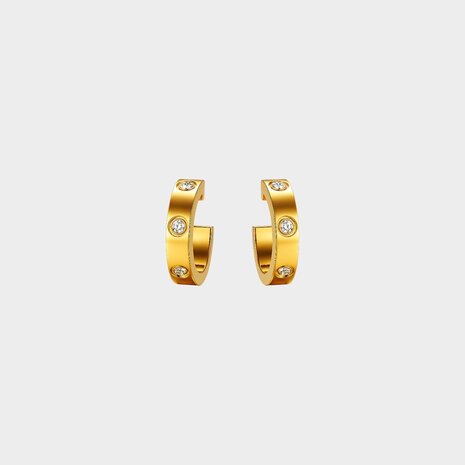 Kleine gouden creool oorbellen met vijf witte zirconia steentjes 1,5 cm