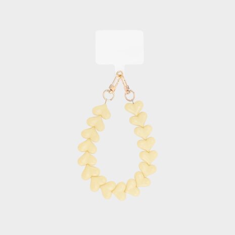 Gouden telefoonkoord met botergele hartjes lengte 25 cm universeel te gebruiken